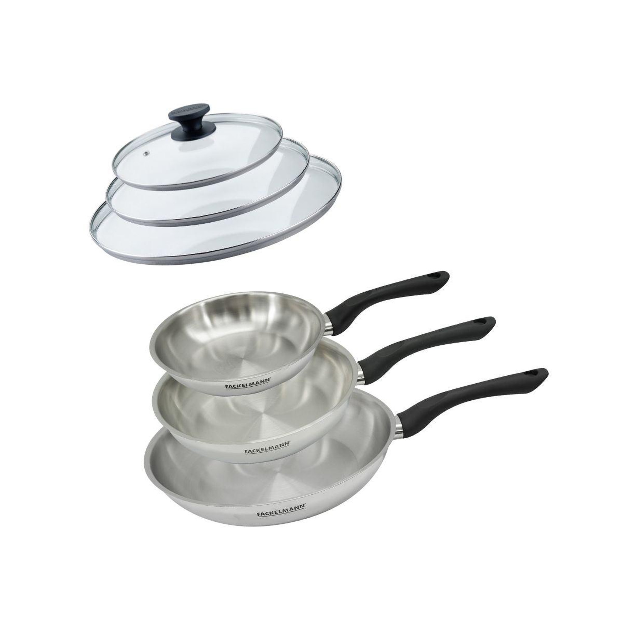 Fackelmann Set 3 poêles 20 24 et 28 cm en inox et 3 couvercles verre fackelmann geneva