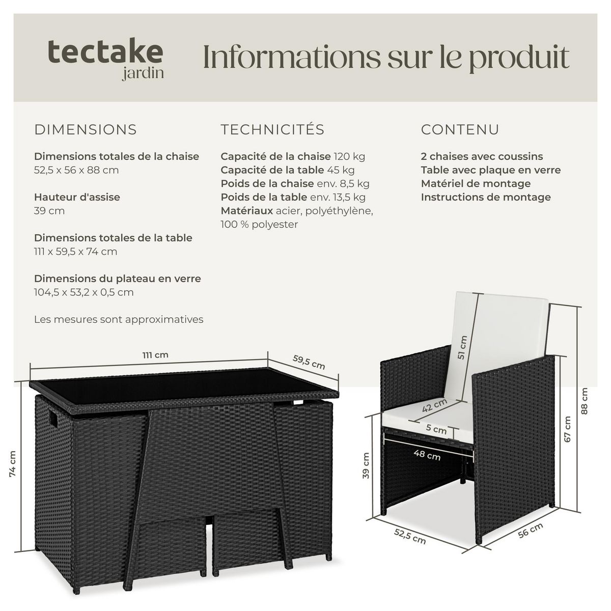 tectake Salon de jardin pour 2 personnes noir