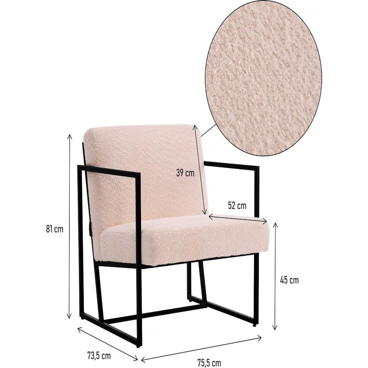 Habitat et Jardin Fauteuil  Kennedy  en velours et métal - 73. 5 x 75.5 x 81 cm - Crème