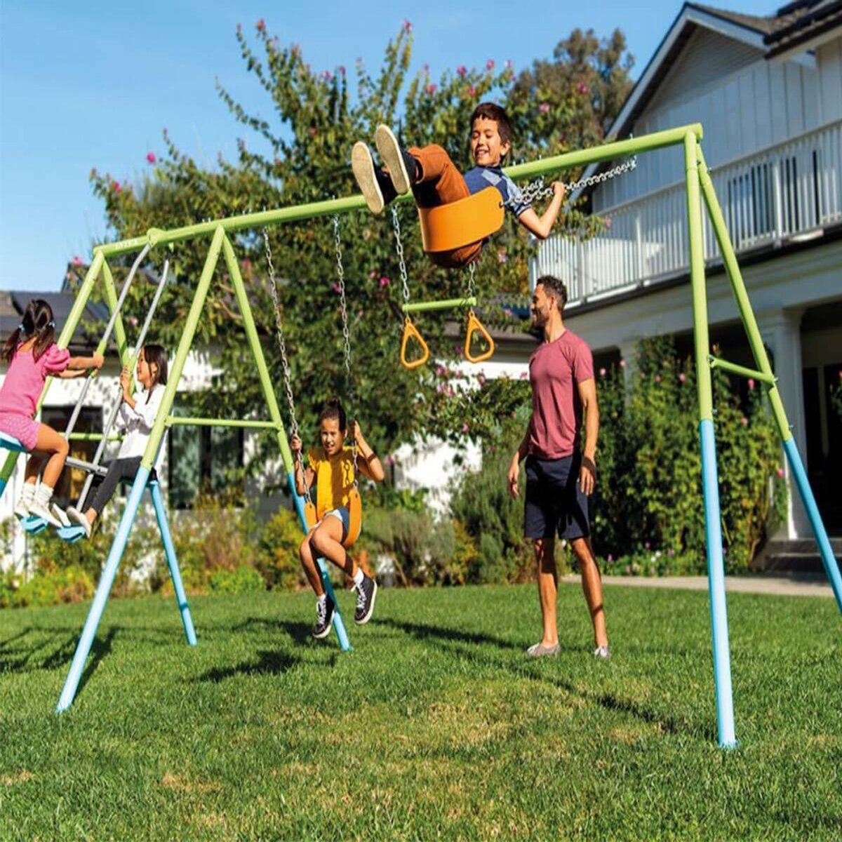 INTEX Portique-balançoire 4 agrès - 2 balançoires + face à face + anneaux - Intex