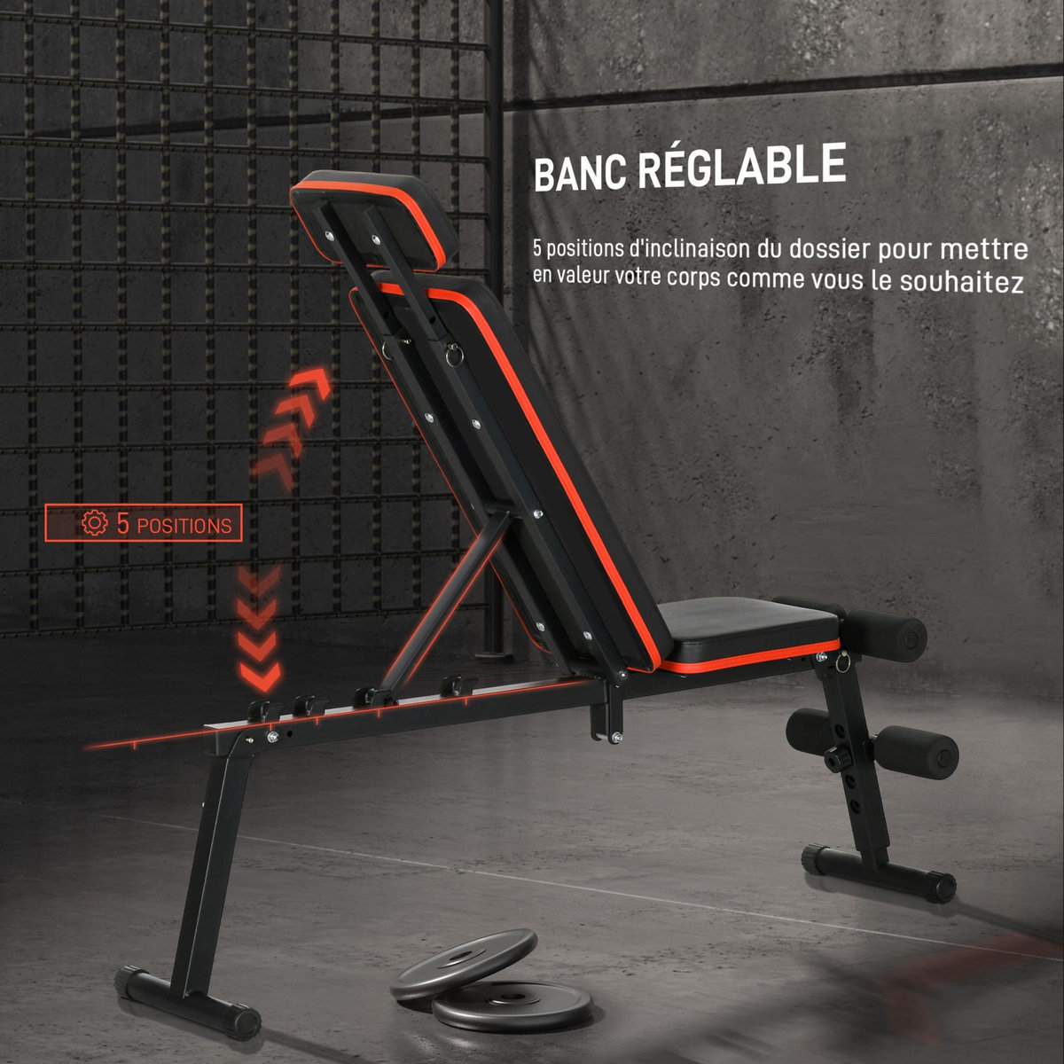 HOMCOM Banc de musculation pliable inclinable abdominaux - 4 coussins presse-jambes - acier PU rouge noir