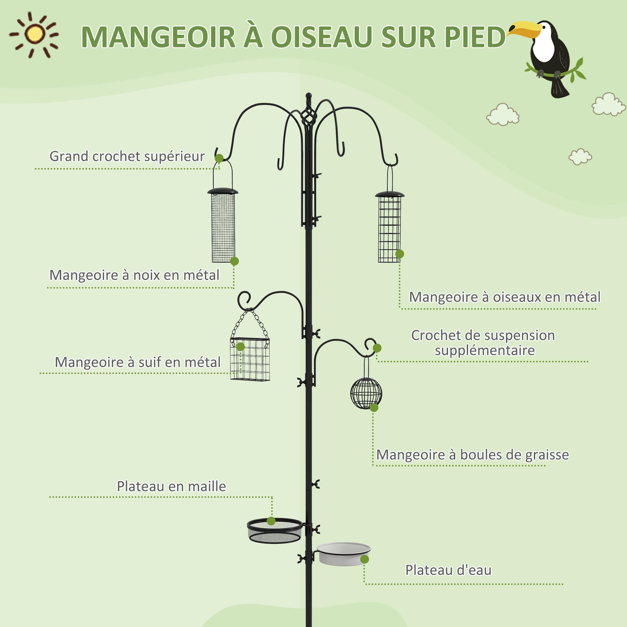 Voir la diapositive 4 : PAWHUT Mangeoire à oiseaux complet h.2,26 m style rustique chic - 6 crochets réglables, 4 mangeoires, plateau d'alimentation, grand bain, 4 piquets d'ancrage au sol - acier époxy aspect fer forgé