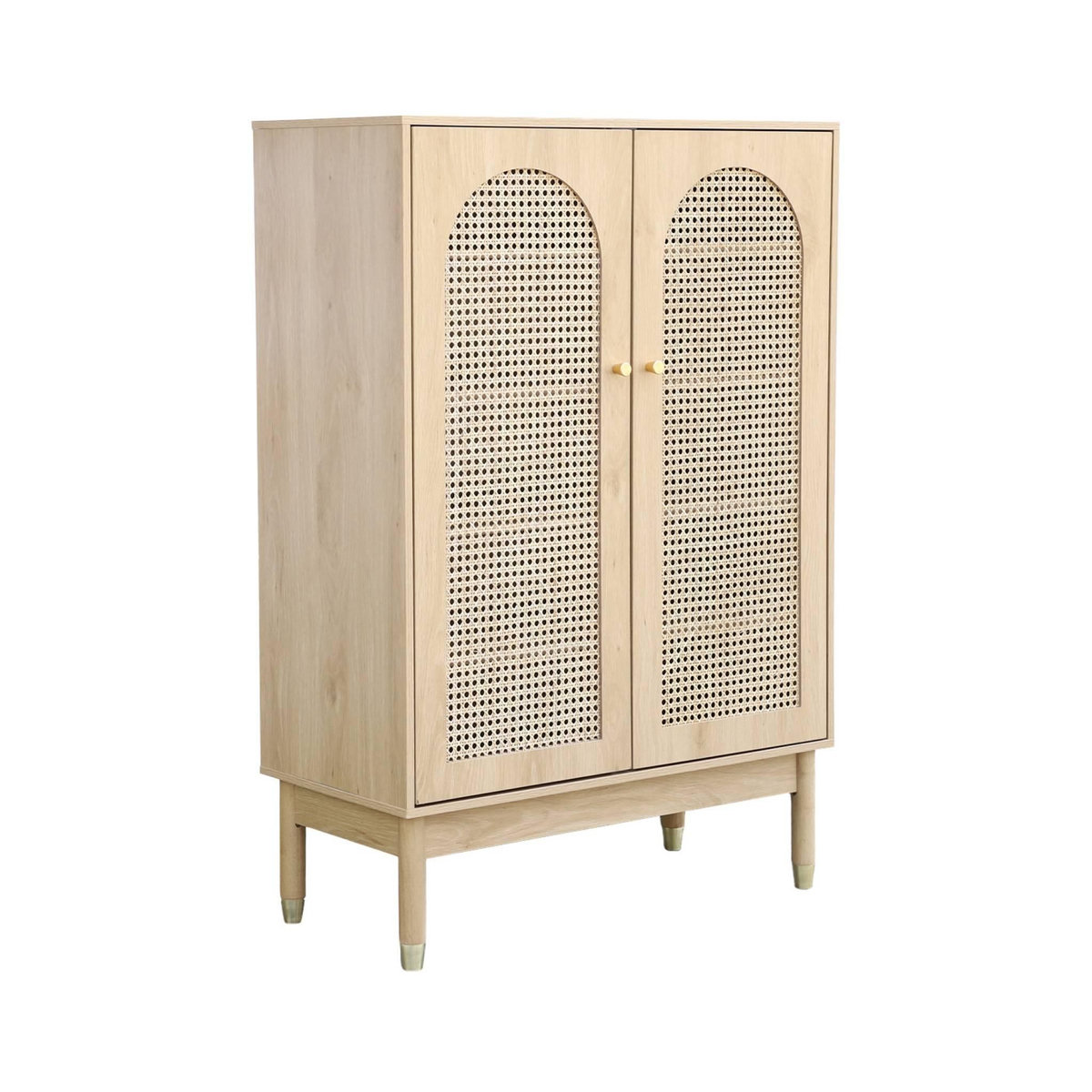 SWEEEK Meuble à chaussures / Petit buffet 2 portes cannage JUDITH. 20 paires de chaussures. 4 étagères. pieds en bois d'hévéa avec caps finition dorée.