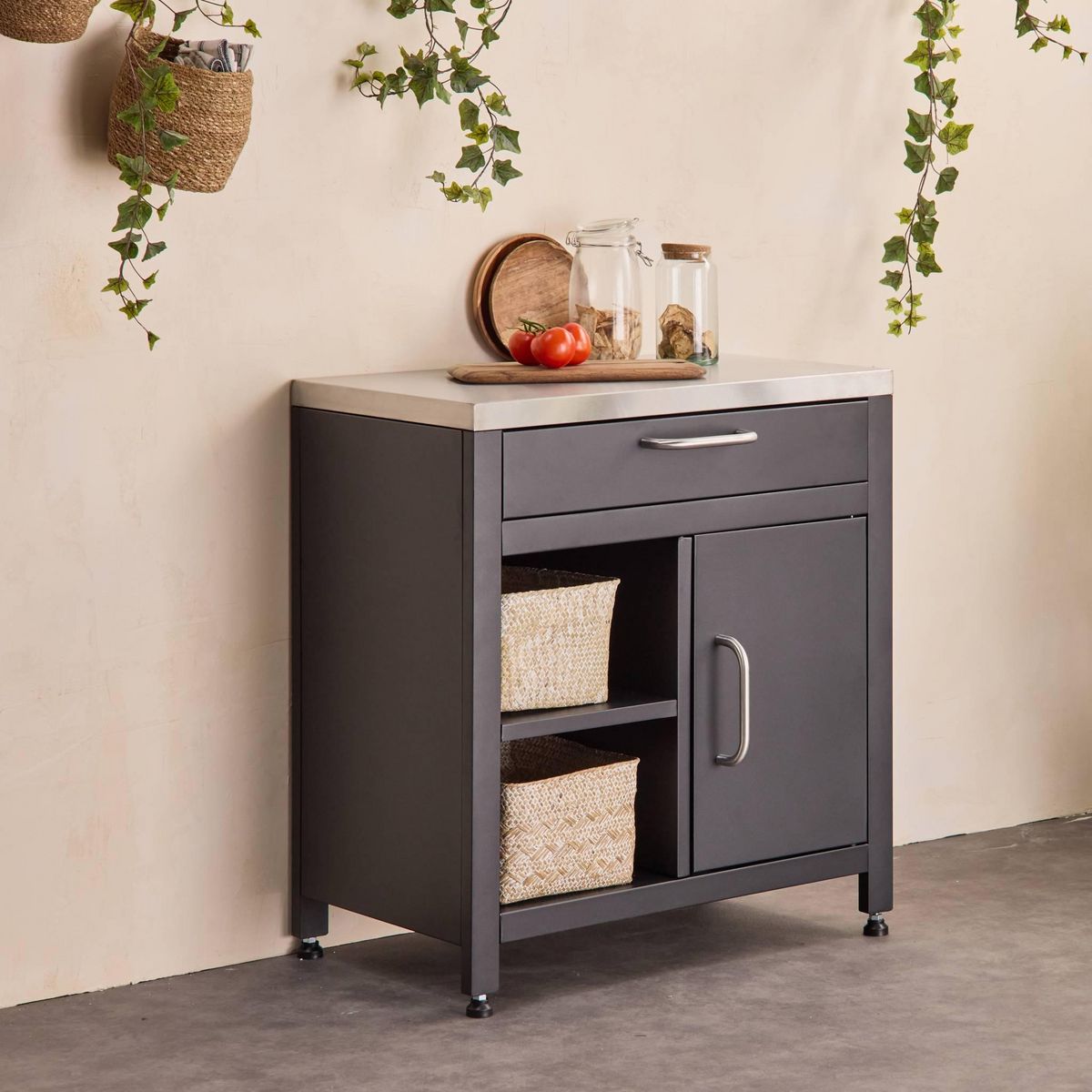 SWEEEK Meuble de cuisine extérieure en acier L80cm avec 1 tiroir. 1 porte et 2 étagères de rangement