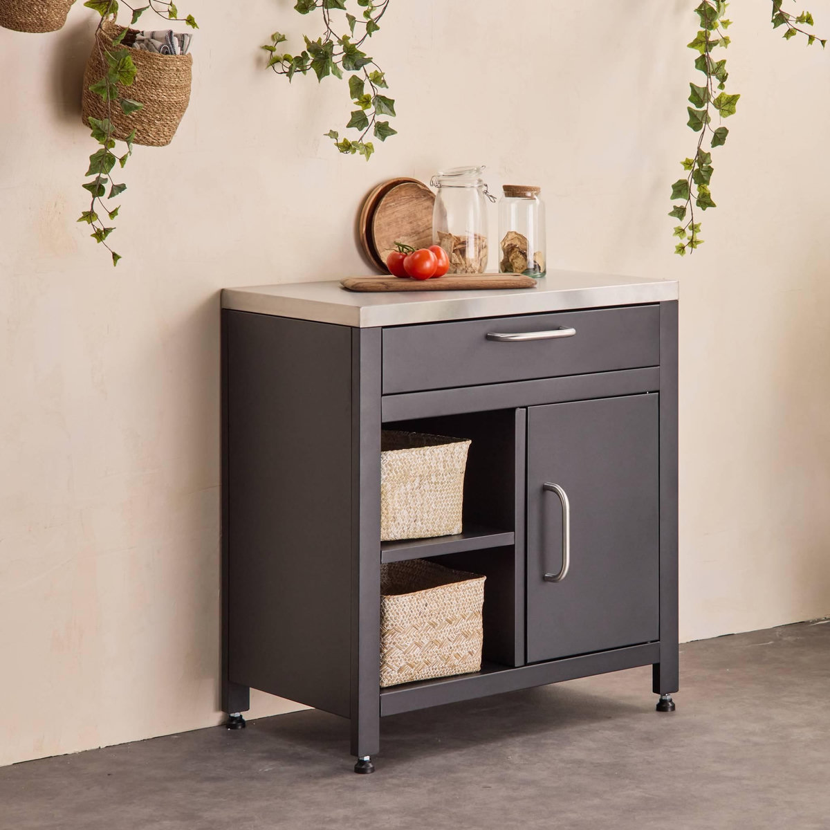 SWEEEK Meuble de cuisine extérieure en acier L80cm avec 1 tiroir. 1 porte et 2 étagères de rangement