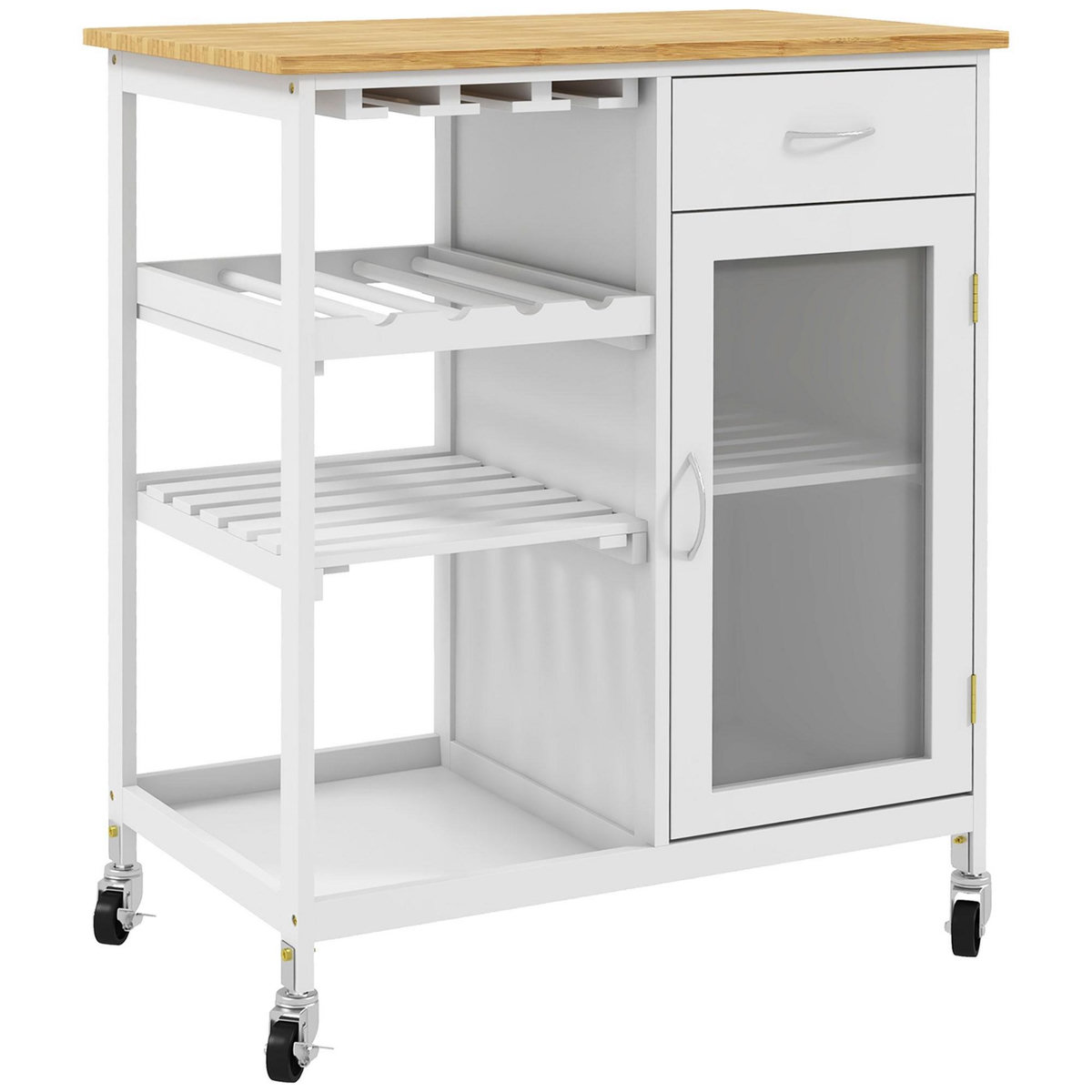 HOMCOM Desserte de cuisine multi-rangement - porte acrylique poignées métal MDF blanc aspect bambou