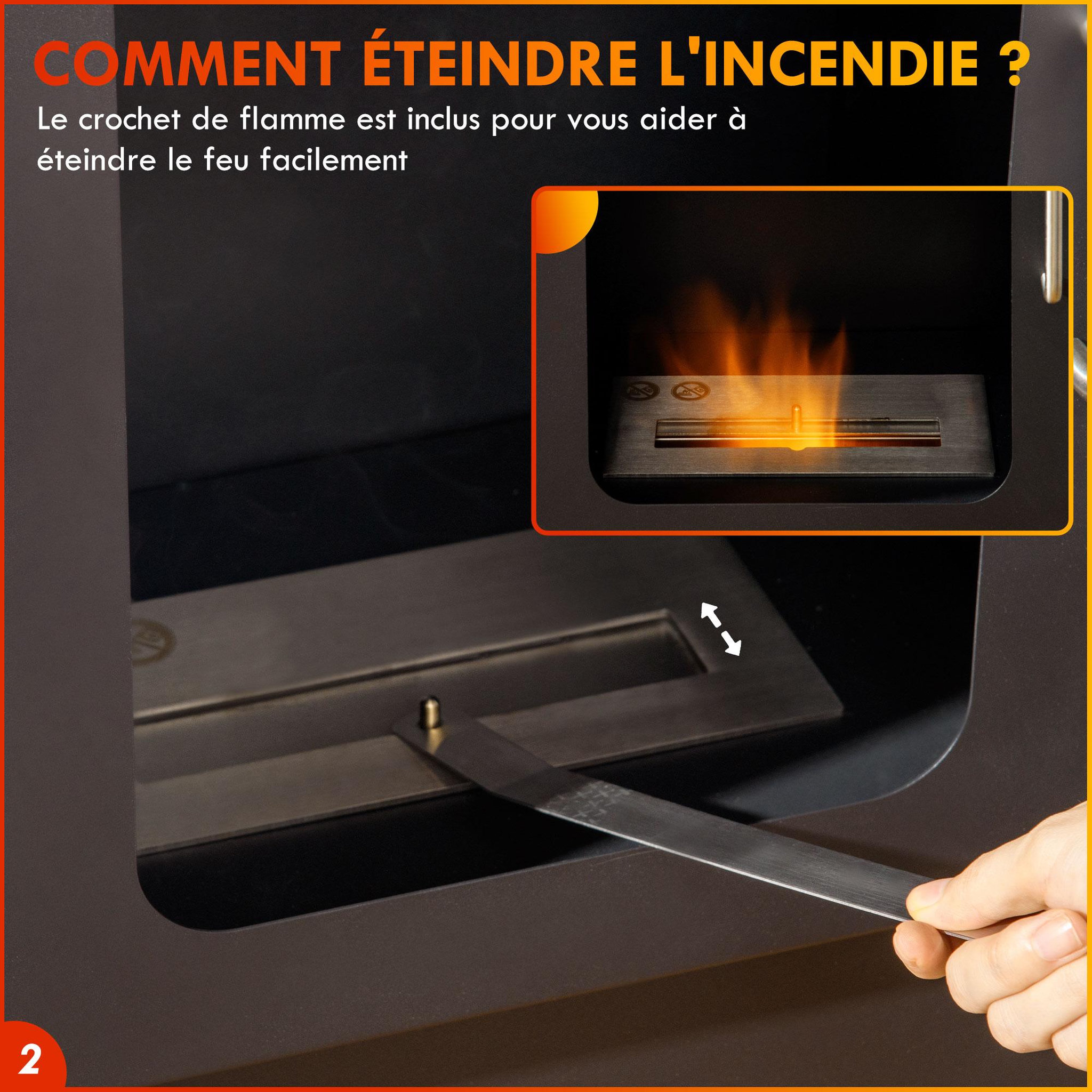 Voir la diapositive 5 : HOMCOM Cheminée bioéthanol design contemporain - étagère - brûleur 1,2 l - contrôle de flamme et manche inclus - acier noir blanc