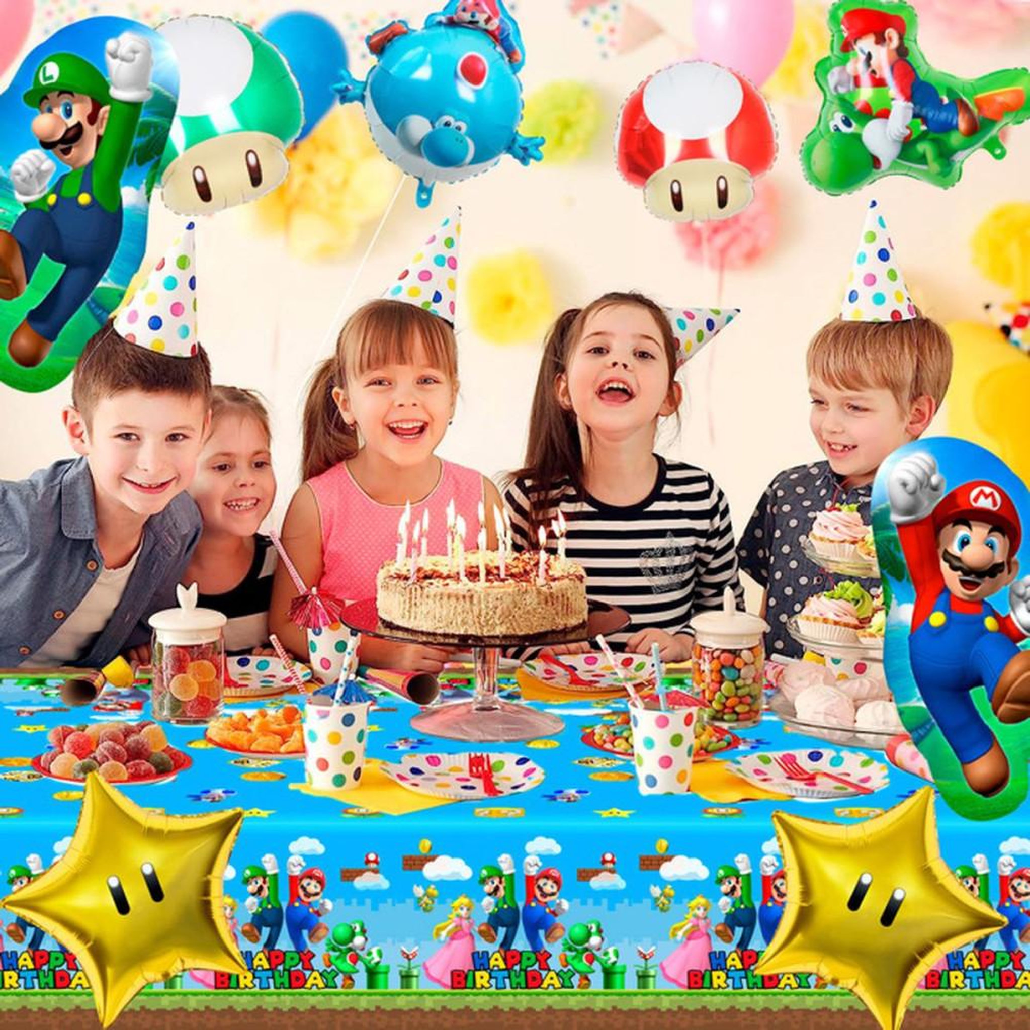 Voir la diapositive 5 : Set de 8 ballons déco anniversaire thème Super Mario pour hélium, ballons aluminium multicolores (personnages, champignons, étoiles)