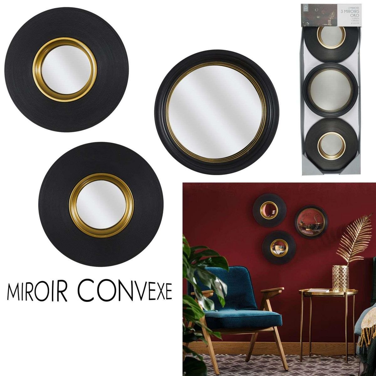 The Home Deco Factory Miroirs convexes X 3 Diam. 25.5 cm - Noir et Doré