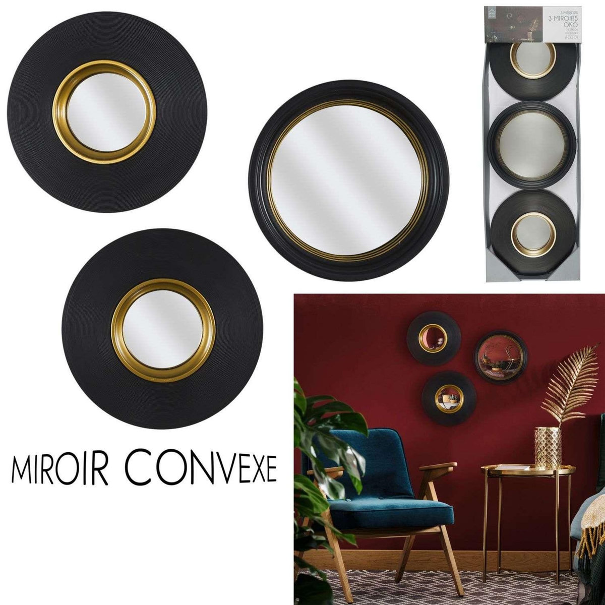 The Home Deco Factory Miroirs convexes X 3 Diam. 25.5 cm - Noir et Doré