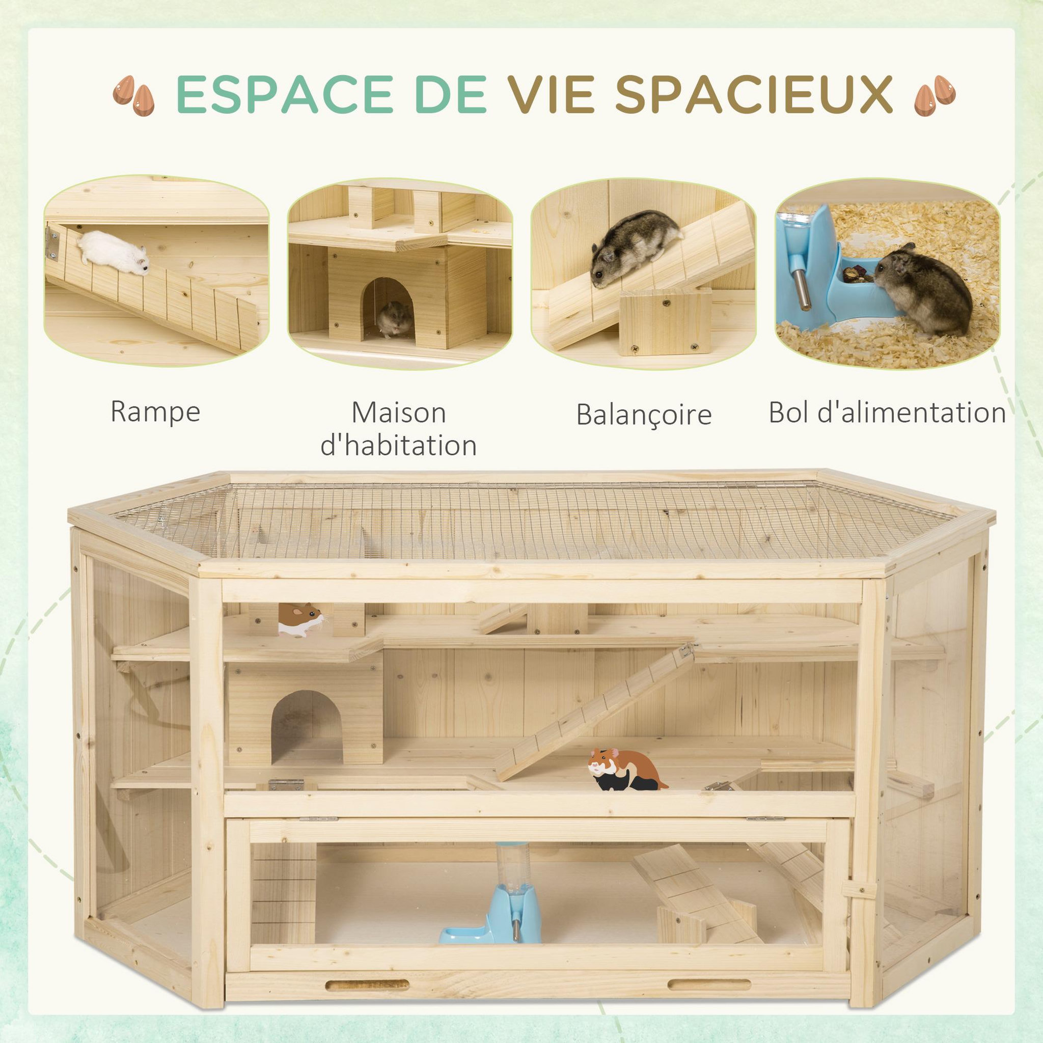 Voir la diapositive 6 : PAWHUT Cage pour hamster 2 étages dim. 115x60x55cm bascules biberon eau fenêtres cabanes toit ouvrable plateau déjection bois