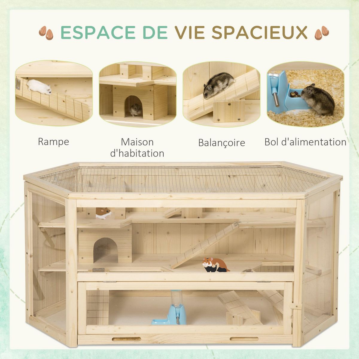PAWHUT Cage pour hamster 2 étages dim. 115x60x55cm bascules biberon eau fenêtres cabanes toit ouvrable plateau déjection bois