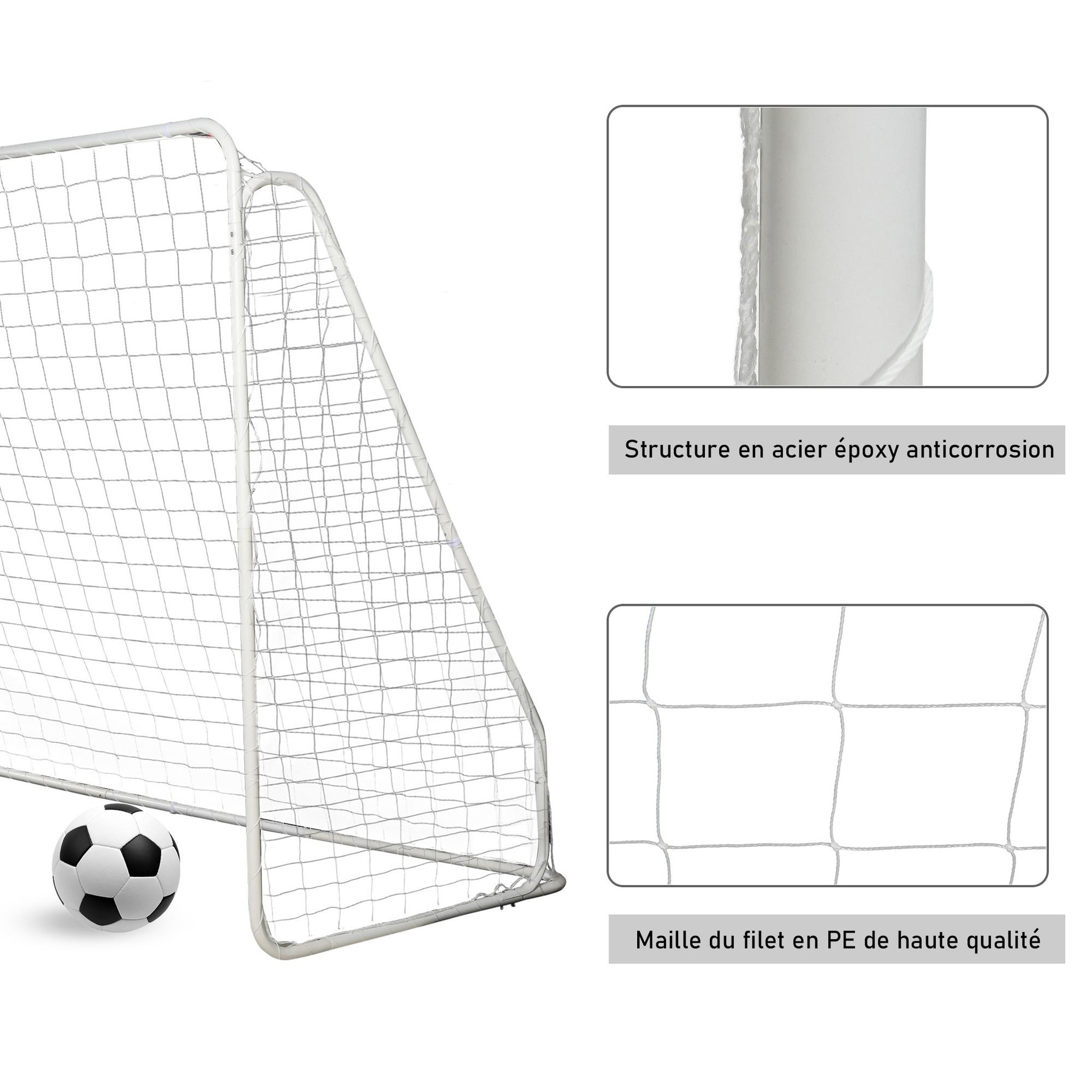 Voir la diapositive 5 : HOMCOM But de football - cage de foot - but futsal dim. 301l x 126l x 200h cm - châssis métal époxy filet pe - piquets inclus - blanc