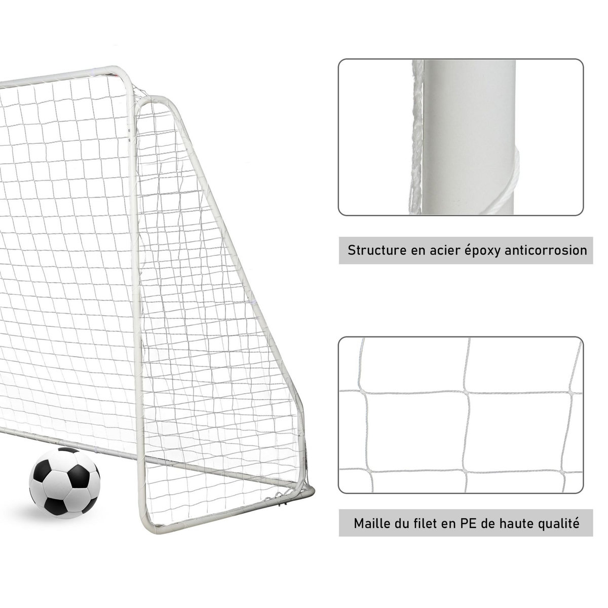 HOMCOM But de football - cage de foot - but futsal dim. 301L x 126l x 200H cm - châssis métal époxy filet PE - piquets inclus - blanc