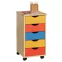 IDIMEX Caisson de bureau LAGOS meuble de rangement sur roulettes avec 5 tiroirs, en pin massif lasuré multicolore jaune rose et bleu
