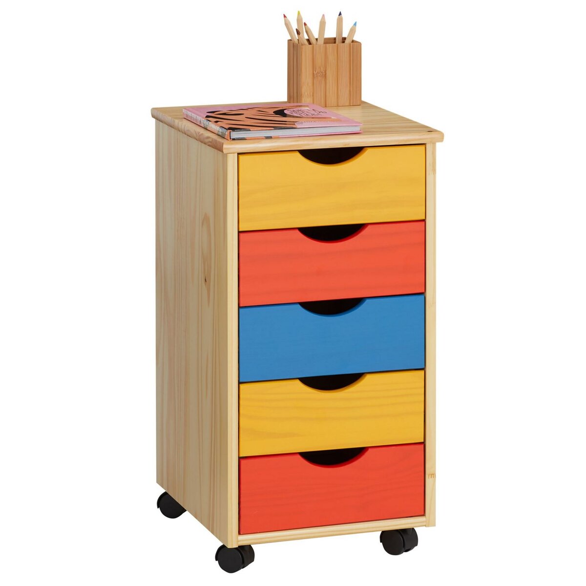 IDIMEX Caisson de bureau LAGOS meuble de rangement sur roulettes avec 5  tiroirs, en pin massif lasuré multicolore jaune rose et bleu pas cher 
