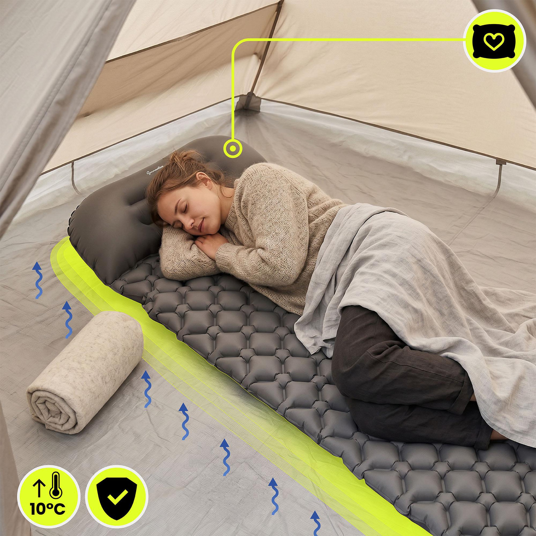 Voir la diapositive 2 : HYPERMOTION Matelas gonflable de camping HyperMotion Campmat 190 x 56 cm avec oreiller intégrés-