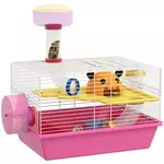 PAWHUT Cage à hamster rat rongeur - plateforme, biberon eau, roue, maisonnette, tubes - acier blanc PP rose