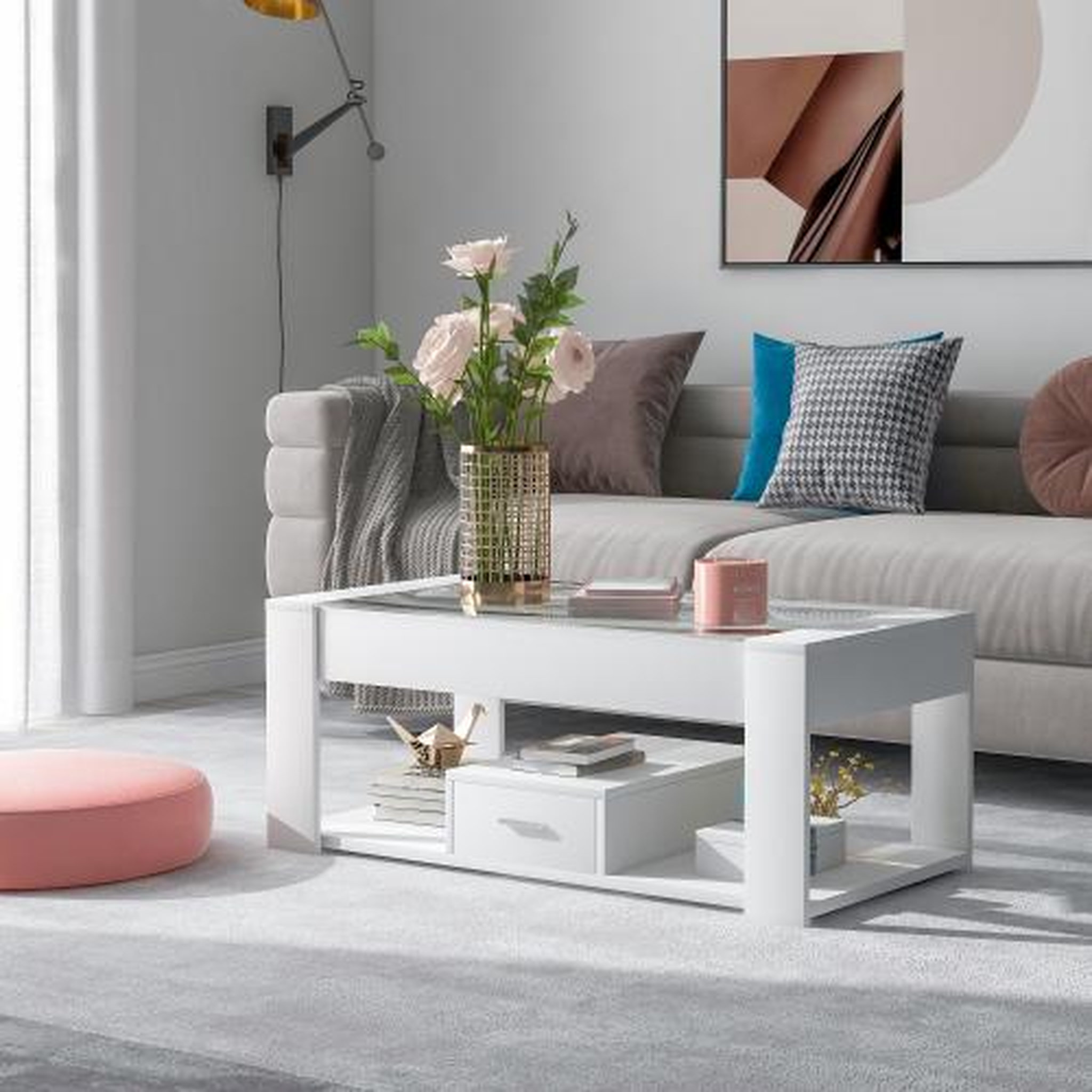 Voir la diapositive 4 : MERAX Table basse rectangulaire blanc avec 1 tiroir - 50x100 cm panneau de particules