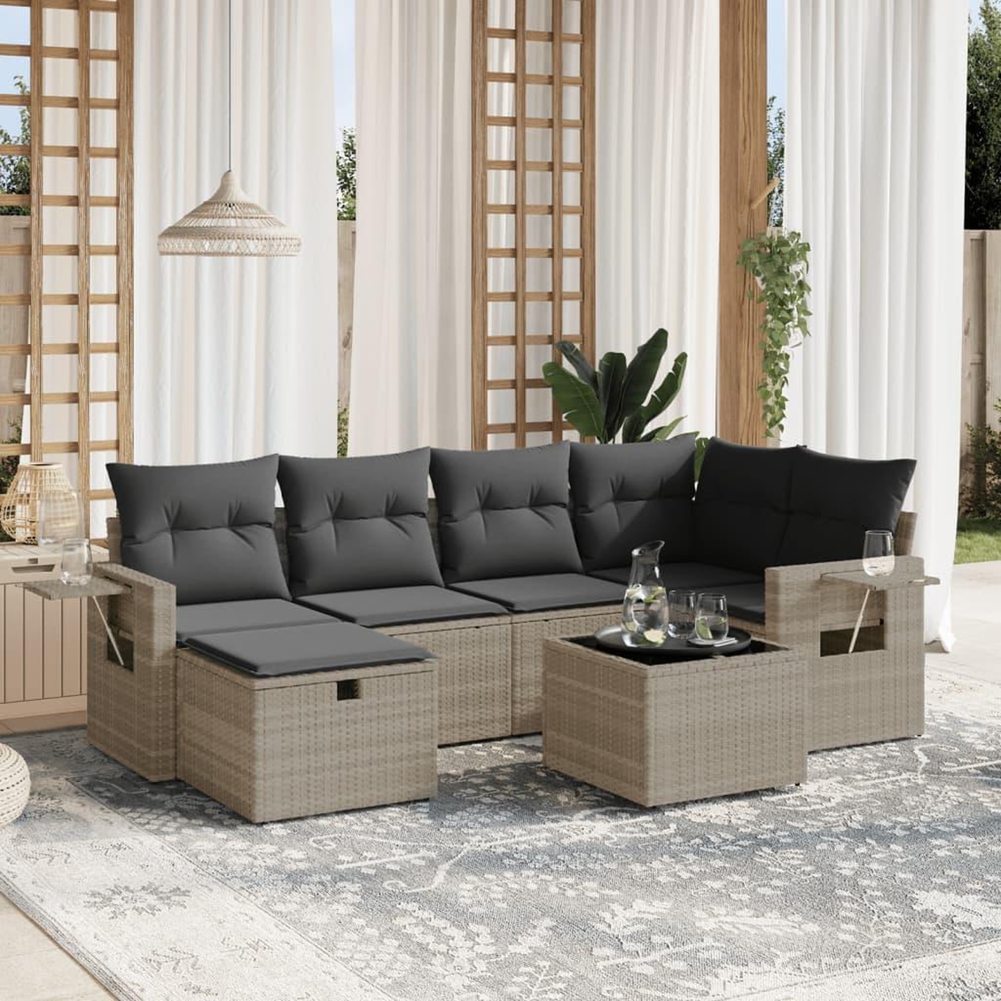 VIDAXL Salon de jardin avec coussins 7 pcs gris clair resine tressee