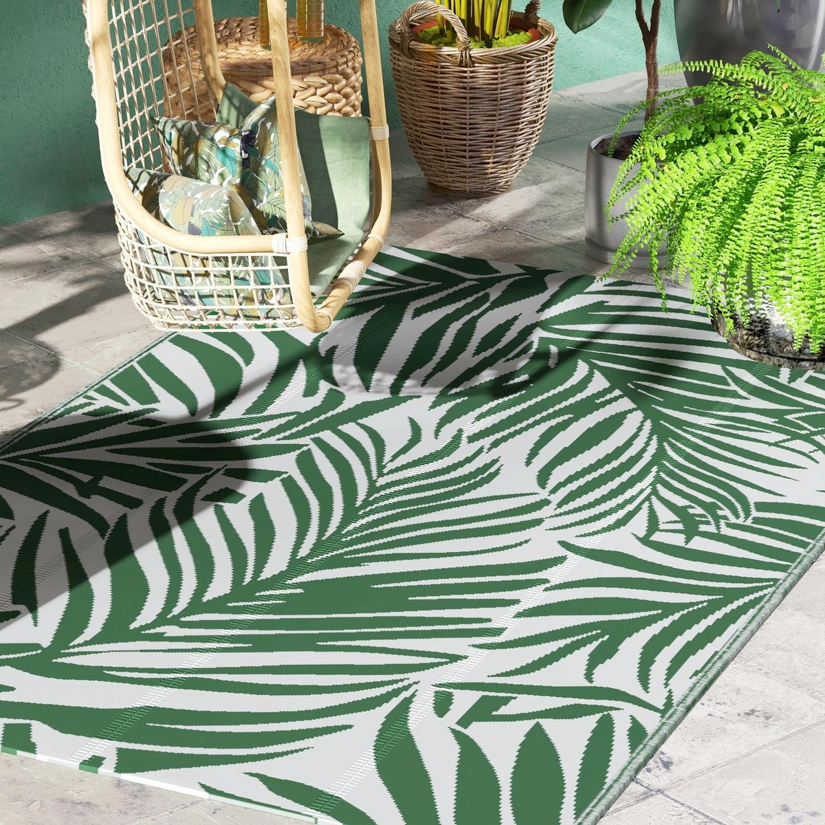 OUTSUNNY Tapis extérieur motif feuilles - tapis réversible - dim. 2,43L x 1,52l m, ép. 3 mm - PP haute densité 310 g/m² vert blanc