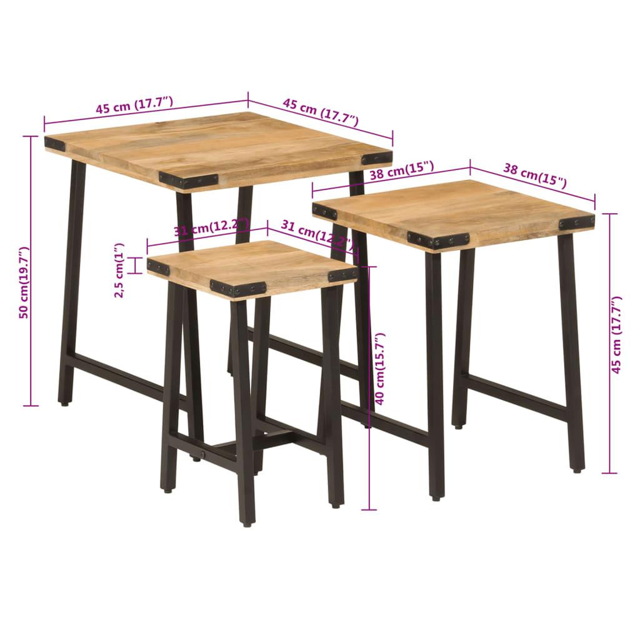 Voir la diapositive 6 : VIDAXL Tables basses gigognes 3 pcs bois massif de manguier et fer