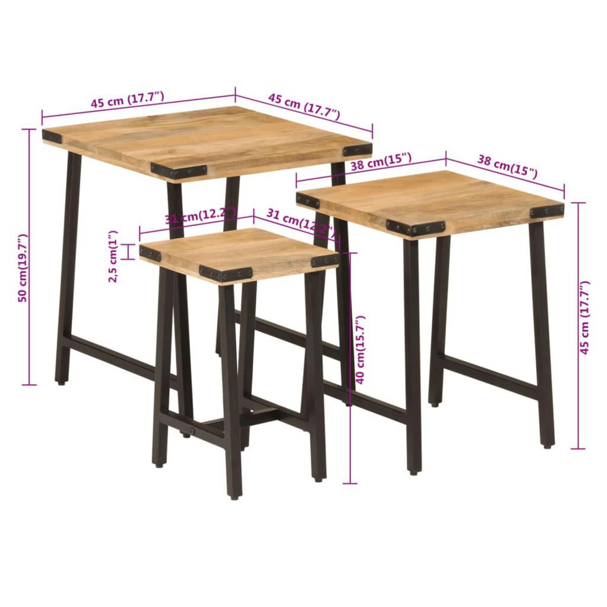 VIDAXL Tables basses gigognes 3 pcs bois massif de manguier et fer