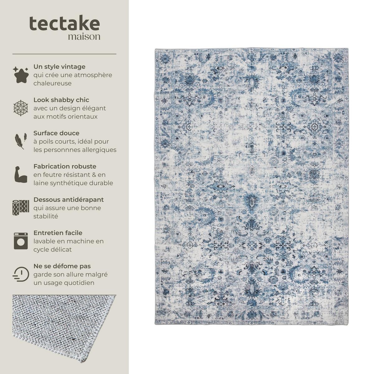 tectake Tapis vintage design à poils courts en laine synthétique et feutre bleu 120 x 170 cm