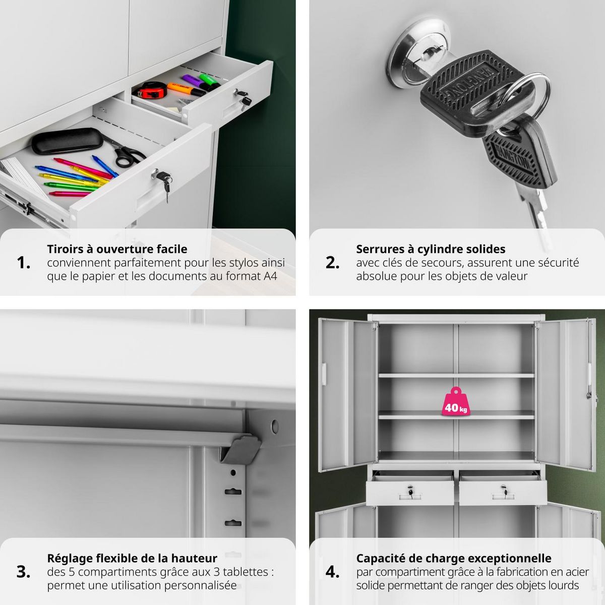 tectake Armoire de classement en métal en acier lâqué époxy gris clair