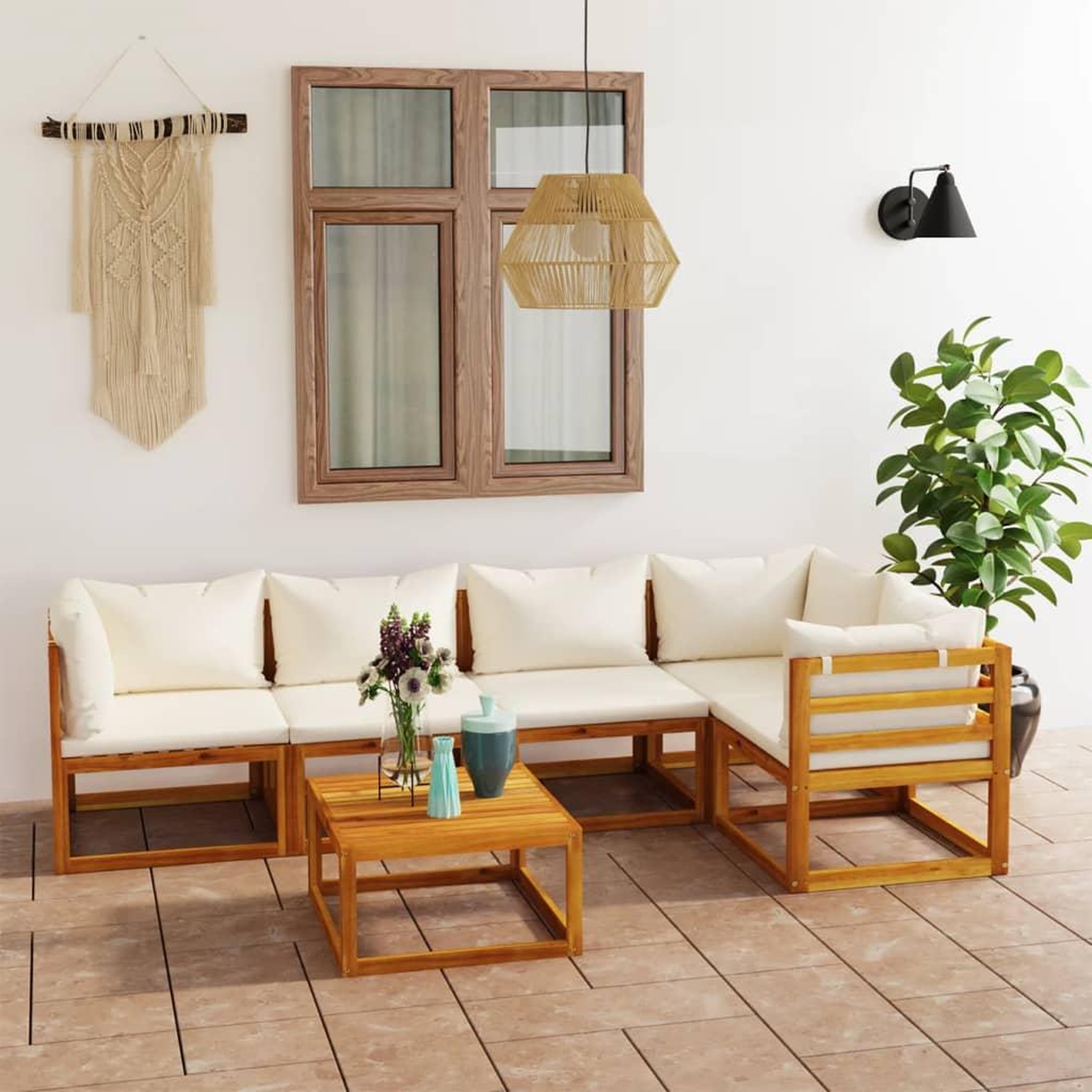 Voir la diapositive 1 : VIDAXL Salon de jardin 6 pcs avec coussin Creme Bois d'acacia solide