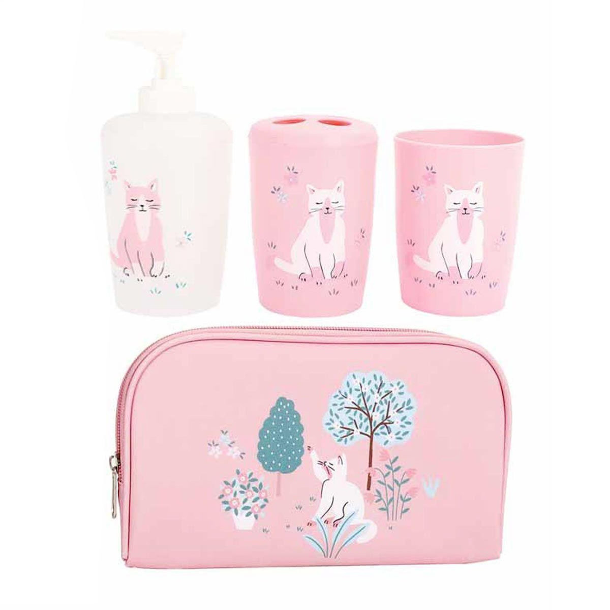 Paris Prix Set 4 Accessoires Salle de Bain Enfant  Chaton  Rose