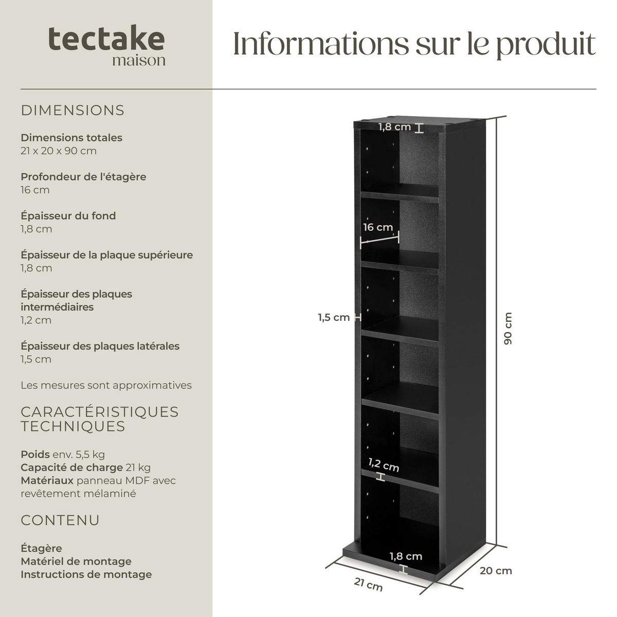 tectake Étagère DVD CD aspect bois noir