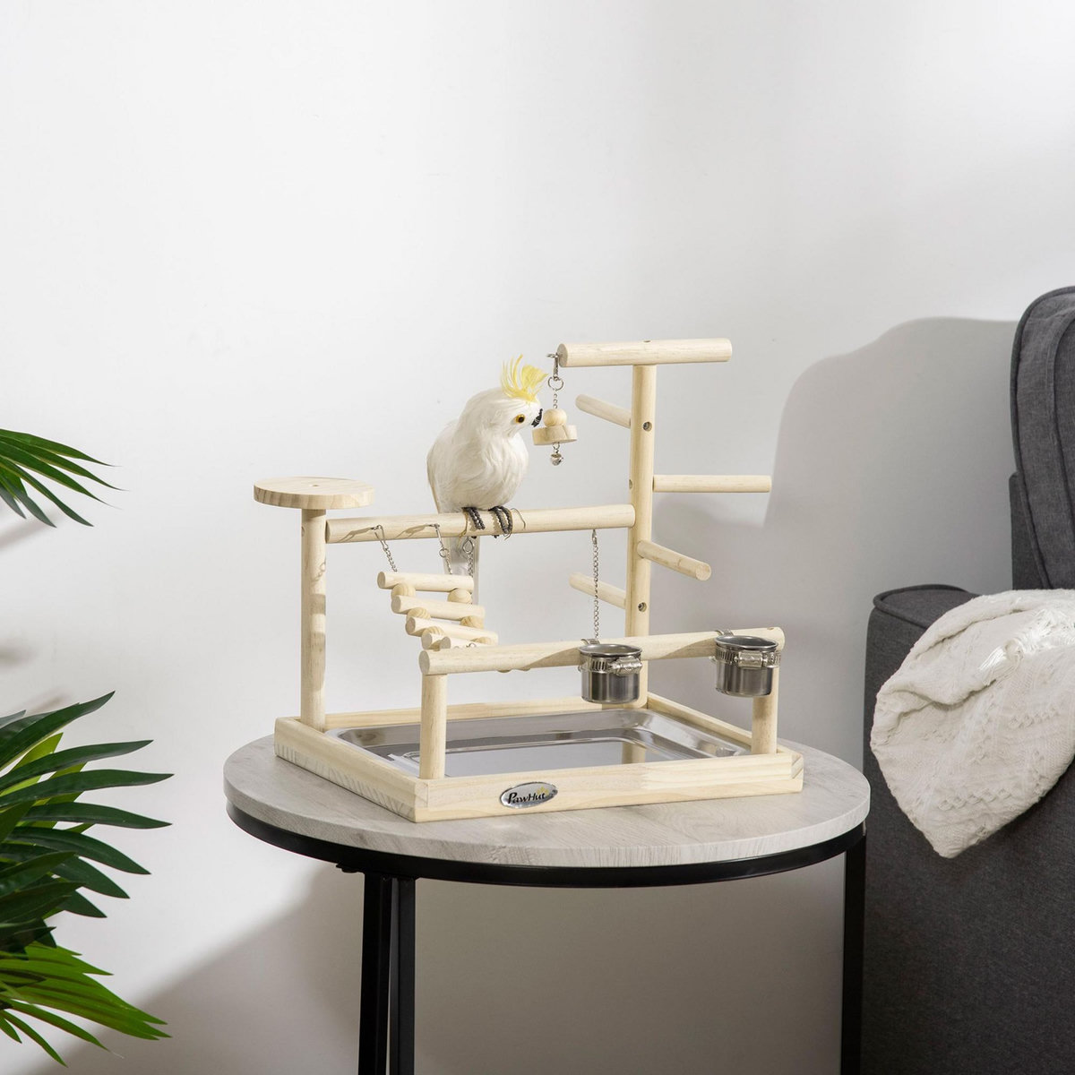 PAWHUT Aire de jeu perchoir pour perroquets, perruches - passerelle, grelot, balançoire, 2 bols, plateau excrément - acier inox. bois de pin