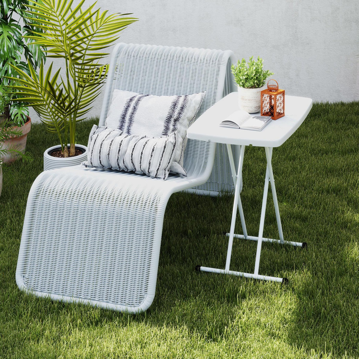 OUTSUNNY Table d'appoint pliable de jardin hauteur réglable 6 niveaux HDPE métal blanc