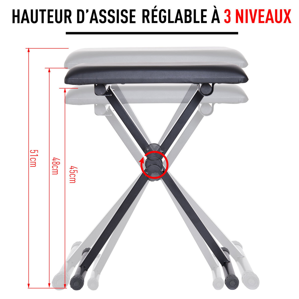 HOMCOM HOMCOM Tabouret banquette réglable pliable pour piano et clavier acier revêtement synthétique noir