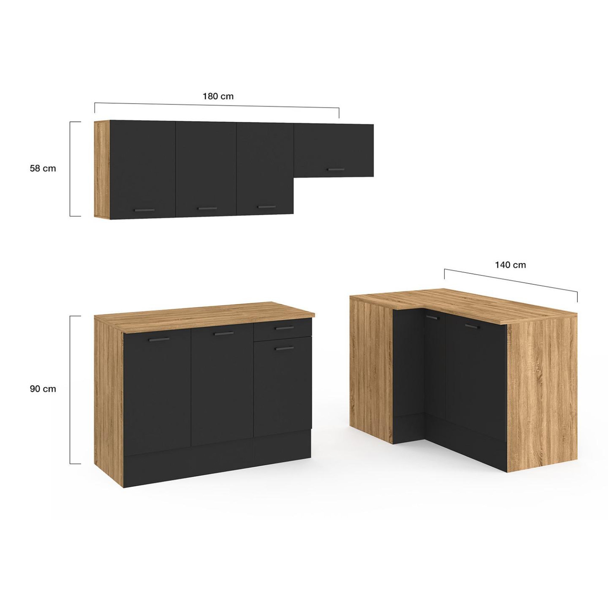 Voir la diapositive 5 : ID MARKET Cuisine complète d'angle 400 cm subtil avec plan de travail 7 élements bois et noir