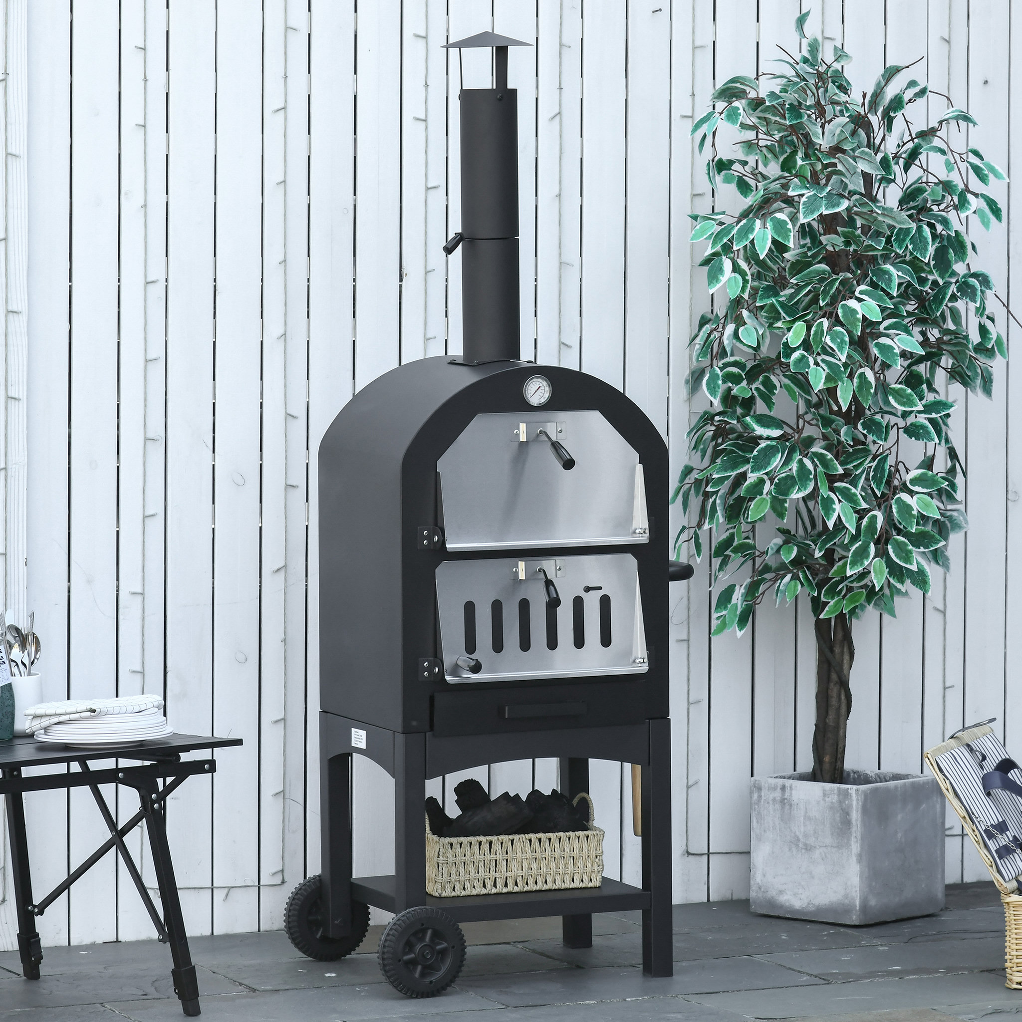 Voir la diapositive 2 : OUTSUNNY Four à pizza extérieur au charbon de bois - barbecue sur roulettes - four à bois - pierre réfractaire - cheminée, jauge température - acier au carbone noir gris