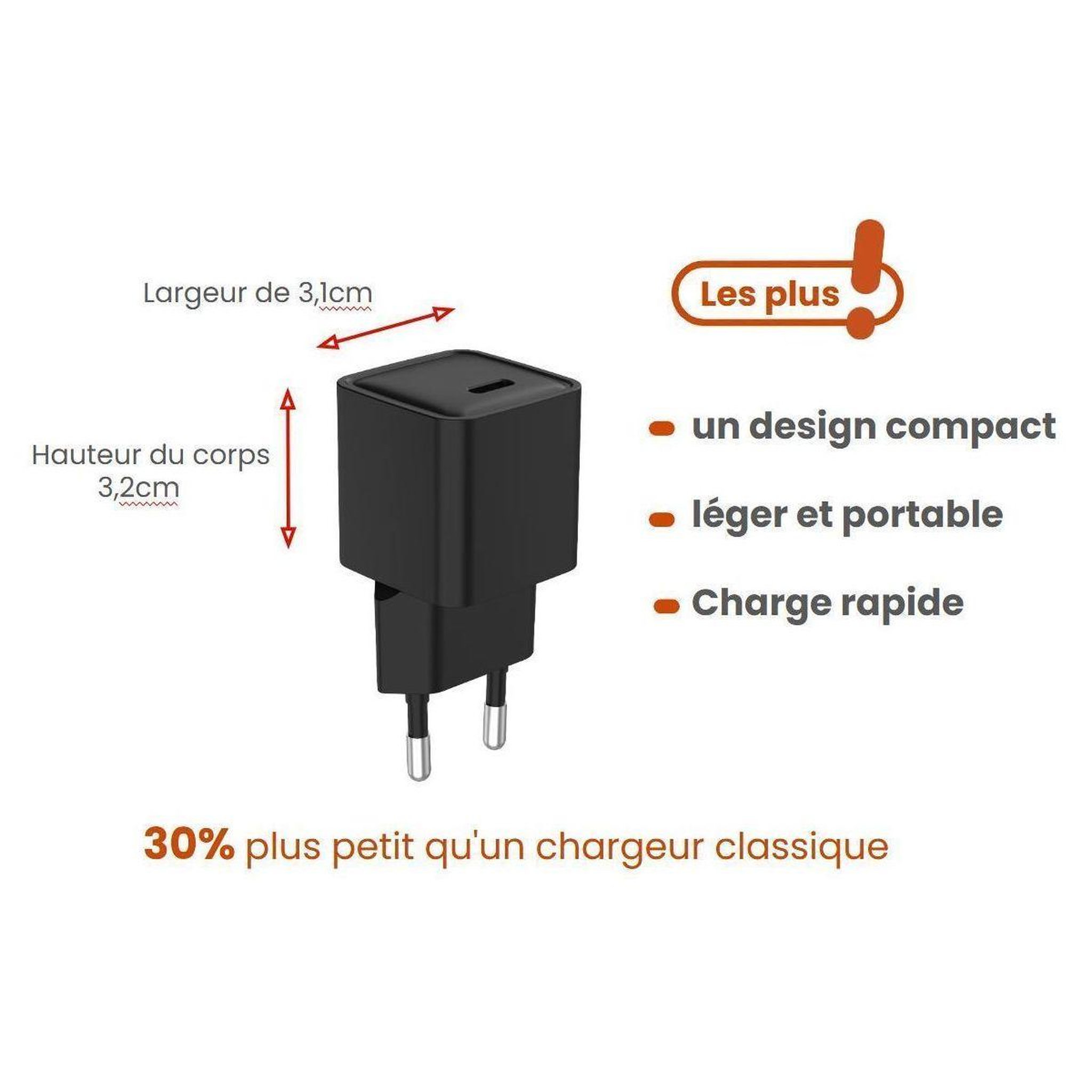 Voir la diapositive 2 : ESSENTIEL B Chargeur 30w gan + charge rapide usb-c noir