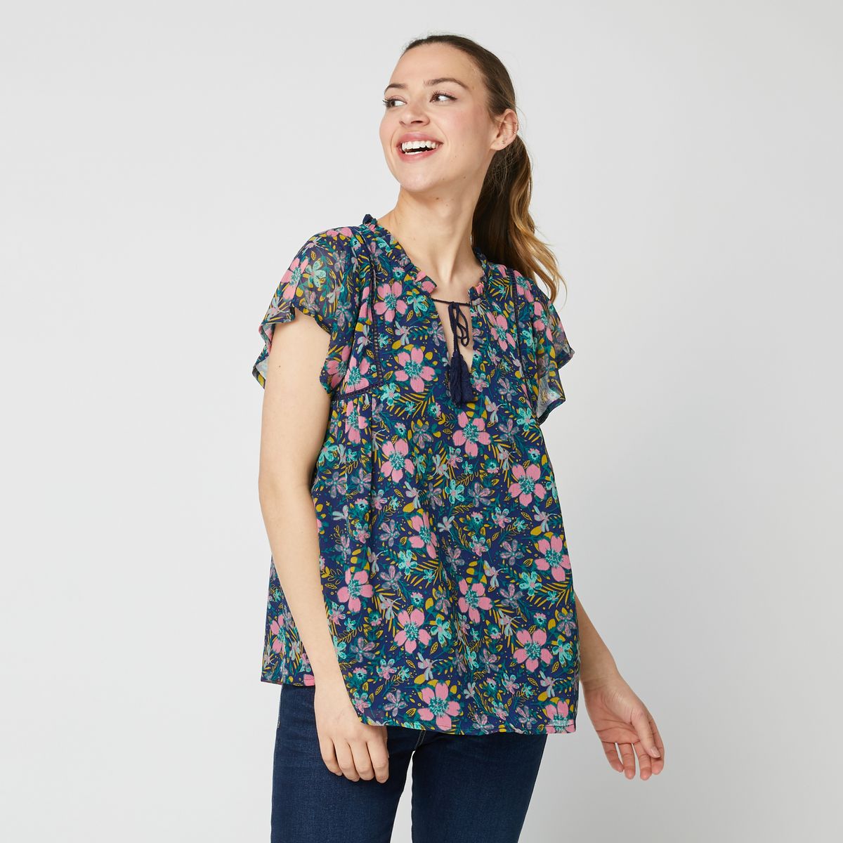 INEXTENSO Blouse manches papillons avec pompons à fleurs femme