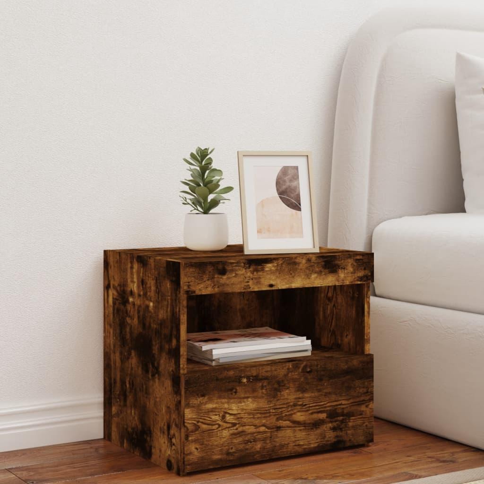 Voir la diapositive 3 : VIDAXL Table de chevet avec lumieres LED chene fume 50x40x45 cm