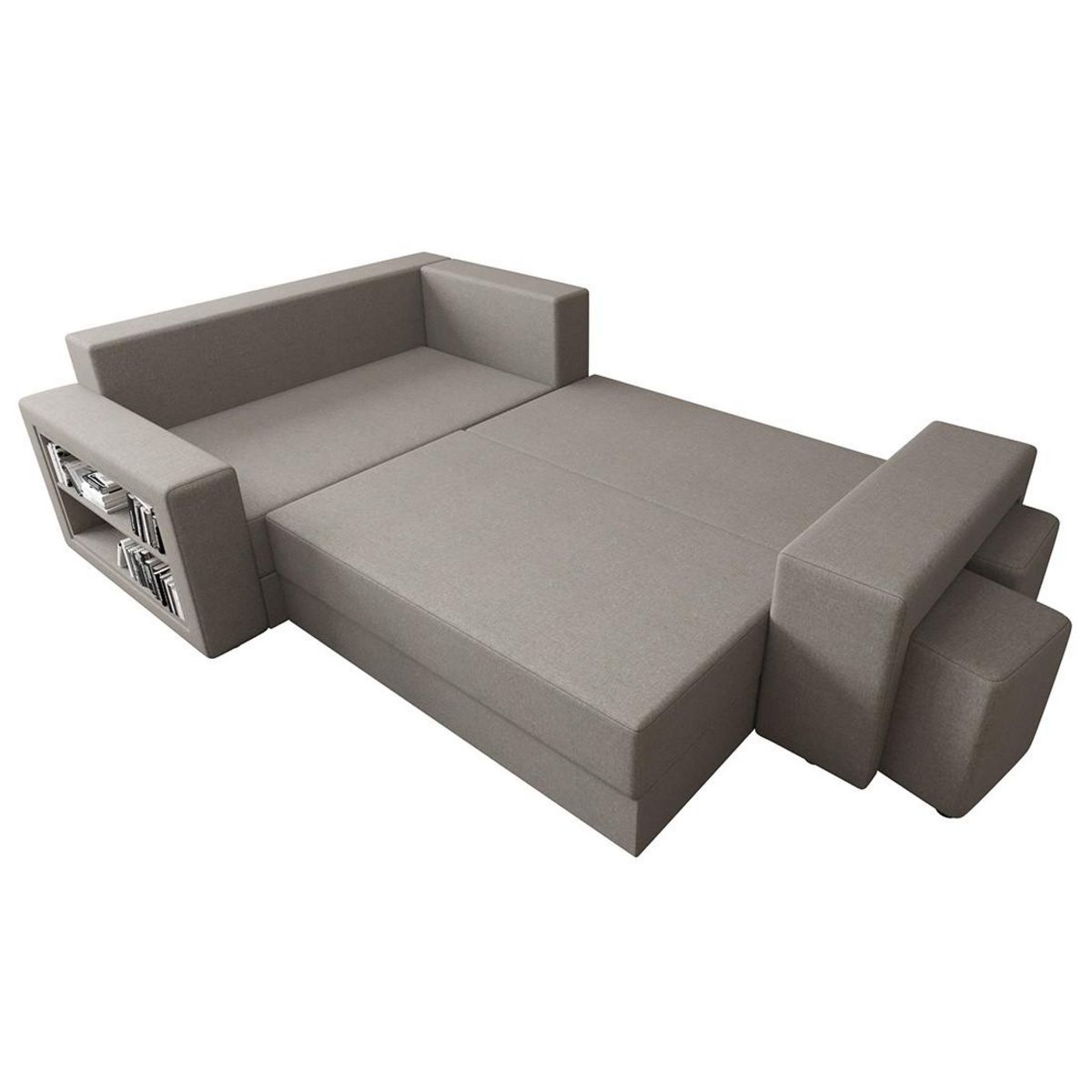 BEST MOBILIER Libbie - canapé d'angle gauche 4 places convertible avec coffre, étagère et poufs en tissu