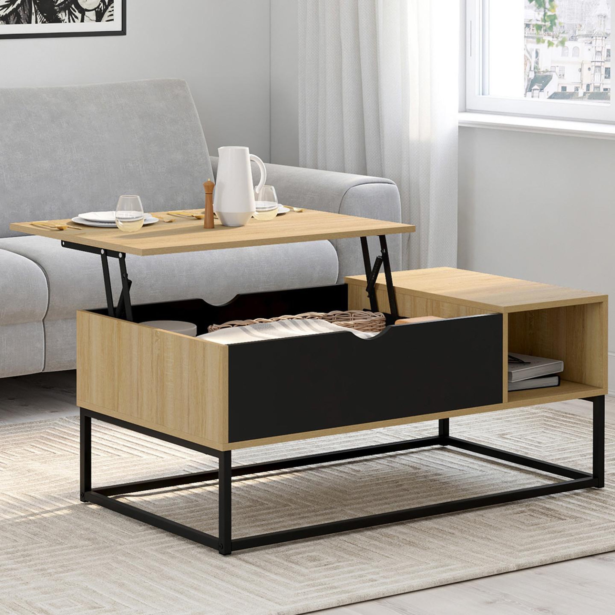 Voir la diapositive 2 : ID MARKET Table basse plateau relevable boston avec rangements design industriel