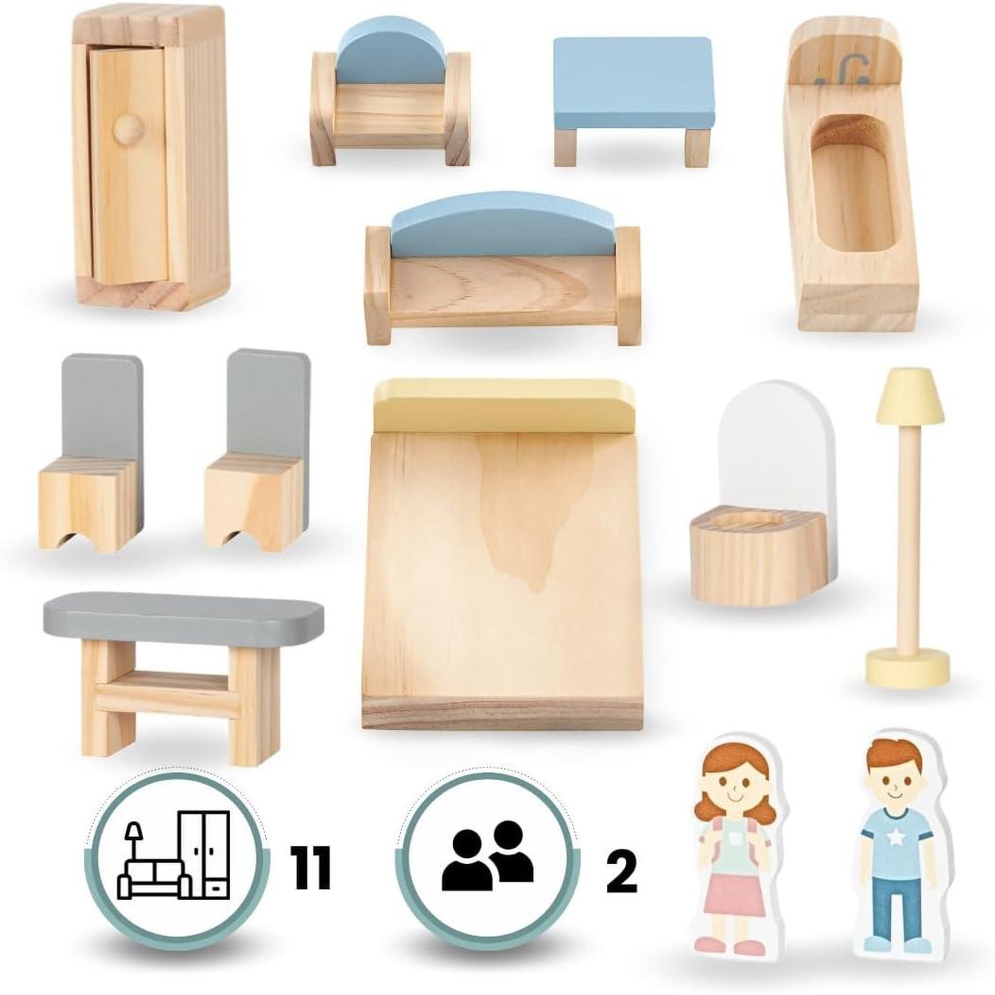 Voir la diapositive 3 : MAMABRUM Maison de Poupée Bois avec Terrasse et Accessoires, 3 Niveaux, 5 Pièces, Meubles Amovibles