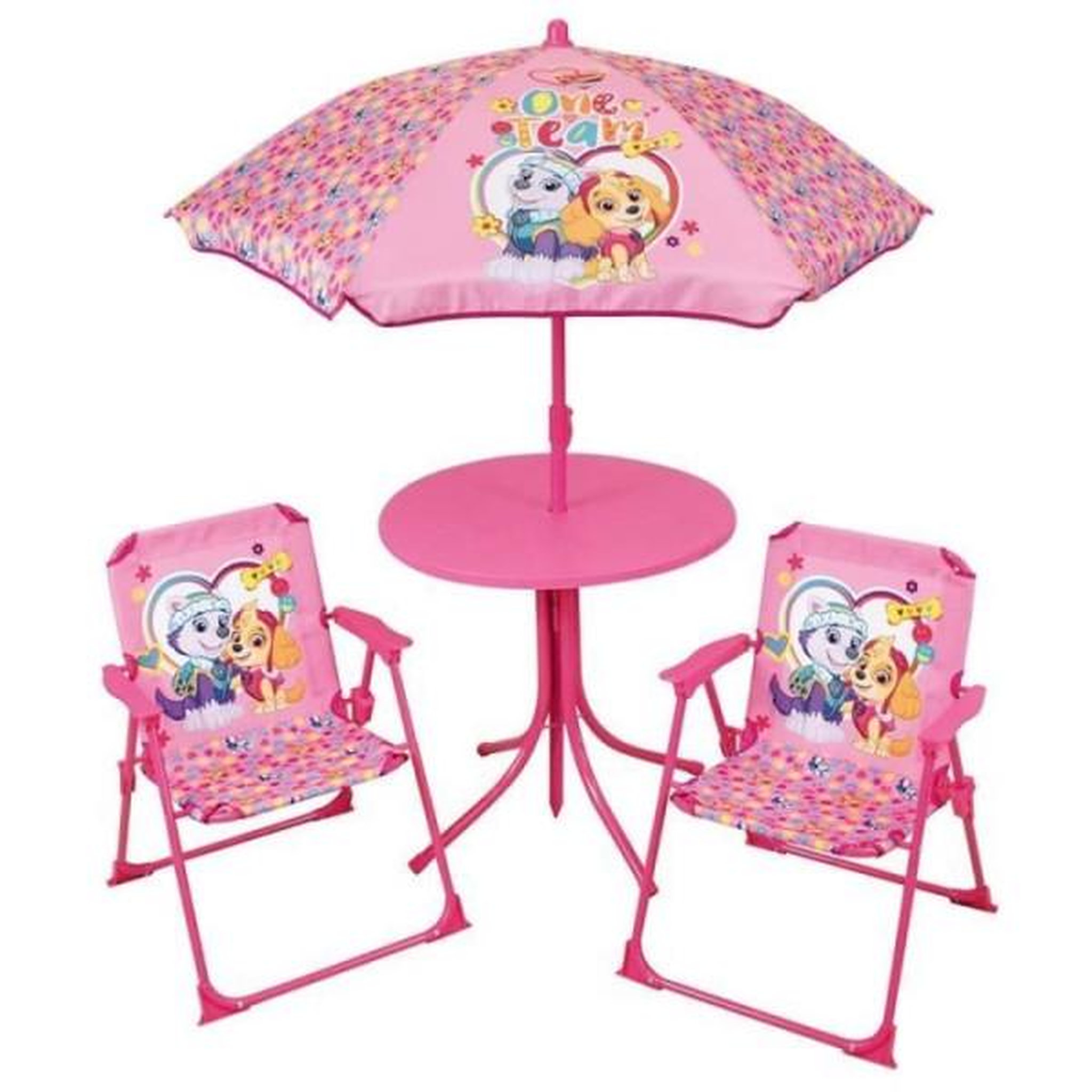 Voir la diapositive 2 : Fun House FUN HOUSE PAT'PATROUILLE Salon de jardin - 1 table 46xø46 cm, 2 chaises H.53xl.38,5xP.37,5cm et 1 parasol