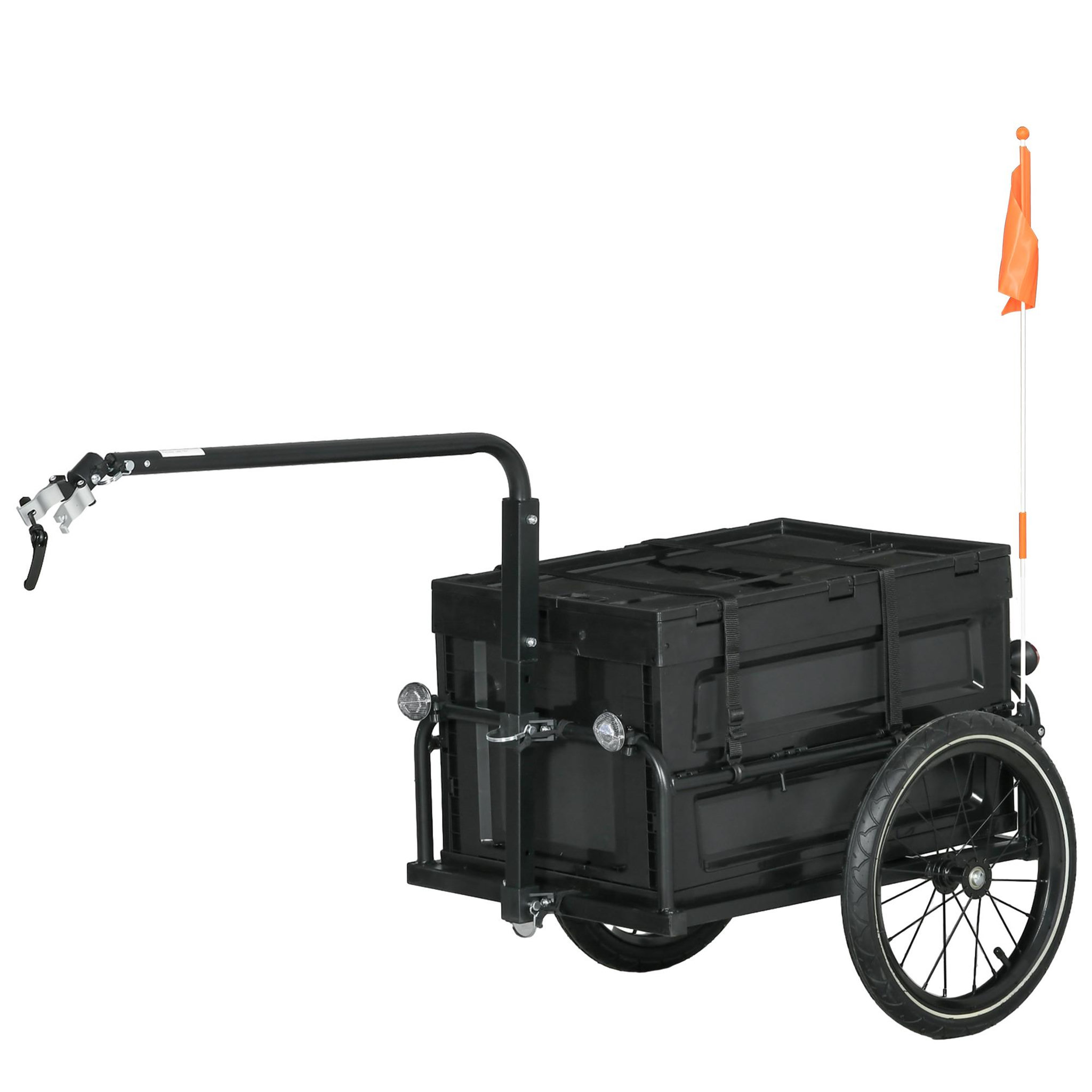 HOMCOM Remorque vélo cargo - coffre pliable amovible 65l - réflecteurs, drapeau - pneus 16'' acier pp noir