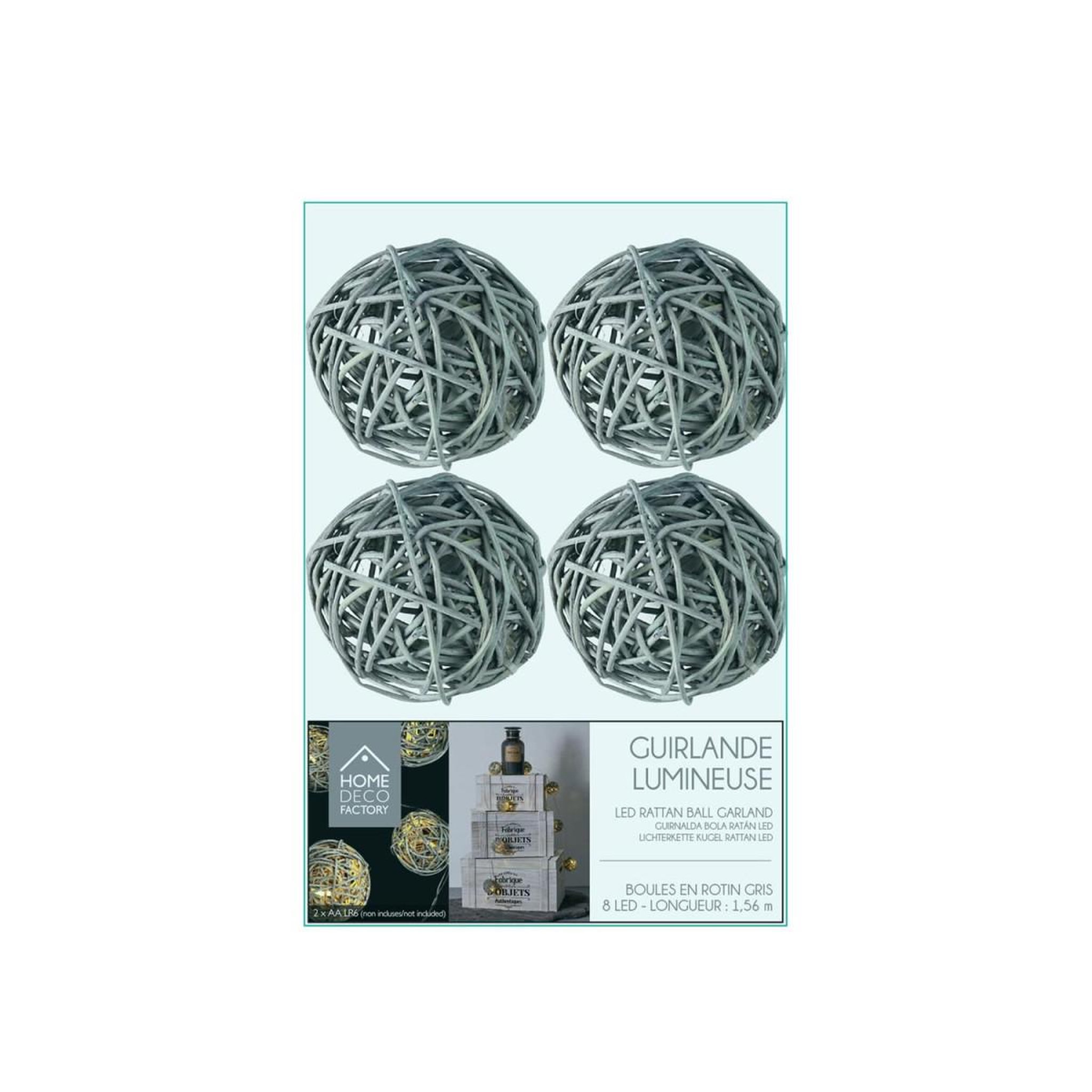 Voir la diapositive 2 : The Home Deco Factory Guirlande lumineuse 8 led  boule rotin  156cm gris
