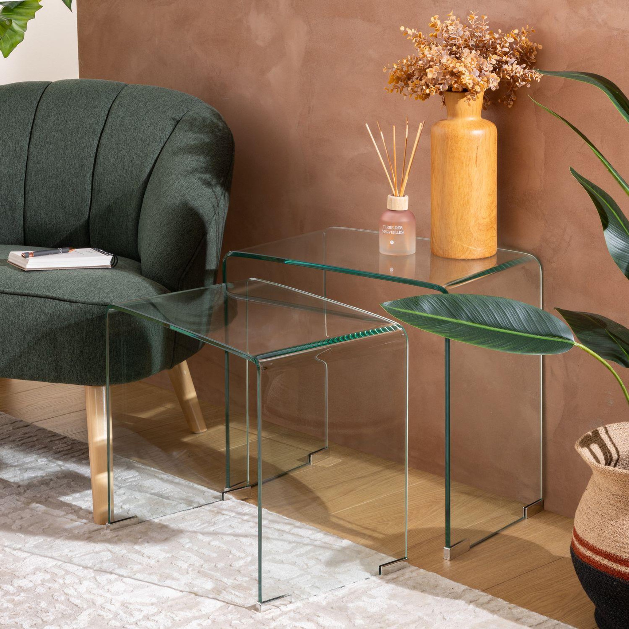 Voir la diapositive 2 : ATMOSPHERA Ensemble de 2 tables café gigognes en verre lenia - transparent