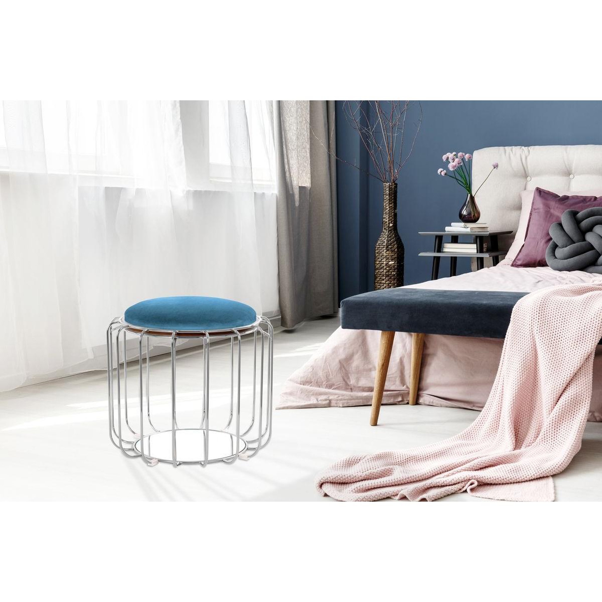 Voir la diapositive 3 : Paris Prix Pouf & table d'appoint  comfortable  50cm bleu pétrole & argent