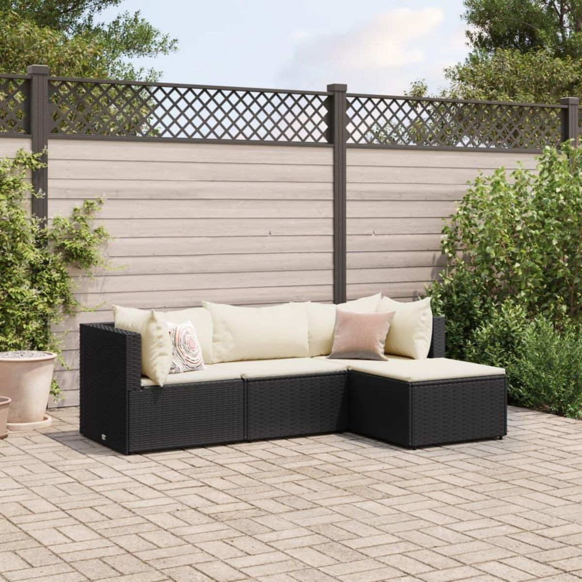 VIDAXL Salon de jardin 4 pcs avec coussins Noir Resine tressee
