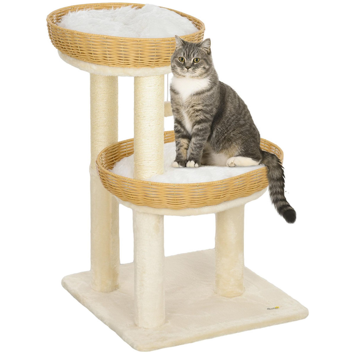 PAWHUT Arbre à chat style bohème aspect rotin tressé - griffoirs, 2 paniers coussins effet fourrure, balle suspendue - beige